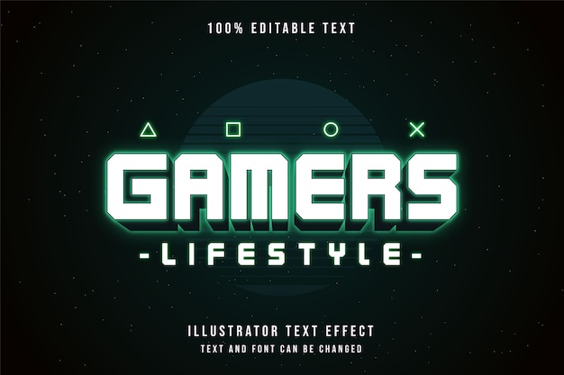 Gamers levensstijl, bewerkbaar teksteffect groene gradatie neon tekststijl