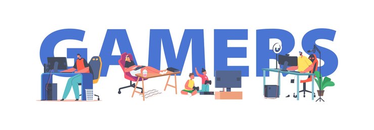 Vector gamers playing computer games concept. teenager characters wear headset cyber sport activity, modern technologies, tournament, home fun poster, banner or flyer. cartoon people vector illustration
