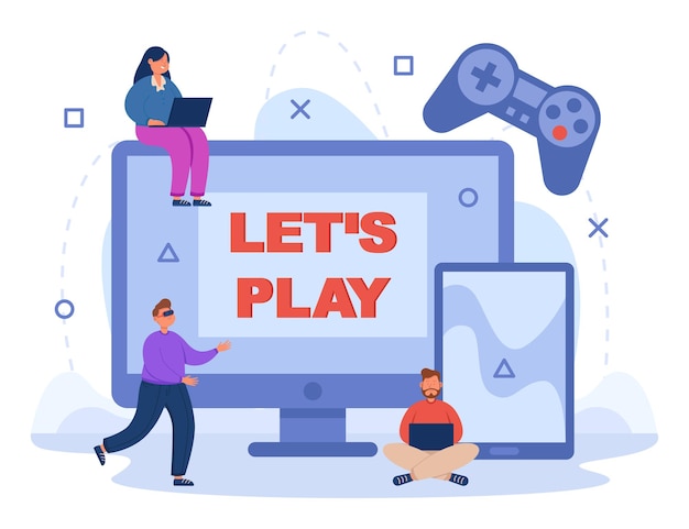 Vector gamers playing games with different devices and cross platform. tiny people using mobile phone, tablet and laptop, vr glasses and console flat vector illustration. entertainment, technology concept