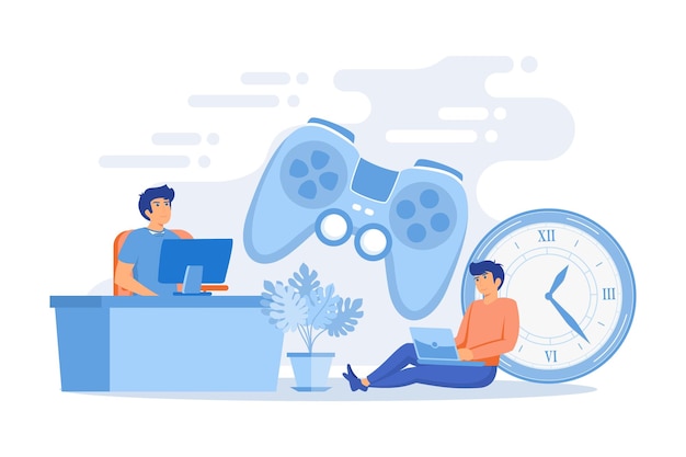 геймеры, играющие в онлайн-видеоигры, огромный джойстик и часы, игровое расстройство, зависимость от видеоигр