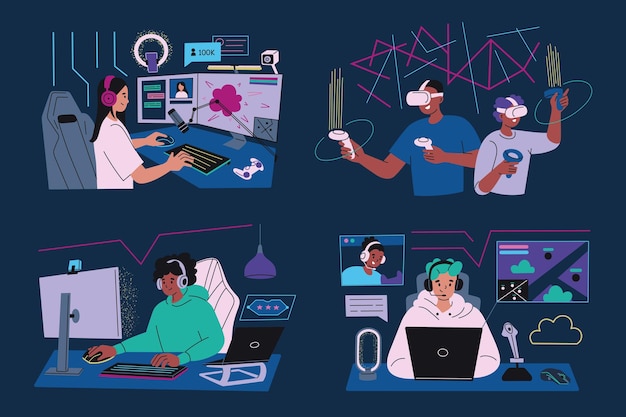gamers playing video games vr and streaming flat cartoon style characters with consoles computers
