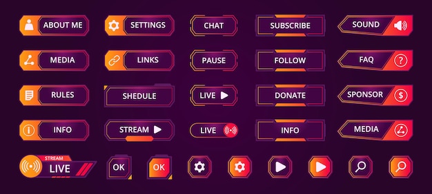 Gamers streamen knoppen Game streaming interface-elementen mmo-spelmenu Opzichtige frames bars en knoppen platte vector illustratie set