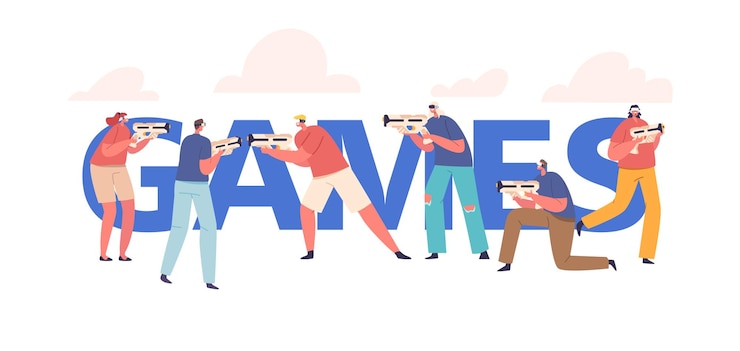 Vector games concept characters immersed in vr gaming worldwhere they wield virtual guns to battle foes offering thrilling interactive experiences in digital realm cartoon vector banner poster or flyer