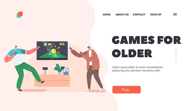 Vector games for older landing page template old man and woman wear virtual reality glasses playing video game shoot with guns