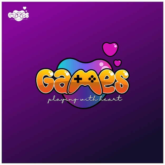 Vettore giochi logo wordmark - giocare con il cuore - la lettera m diventa il controller di gioco