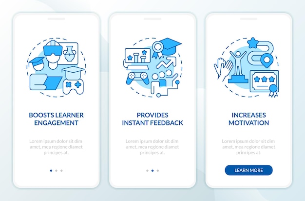 Gamification benefits in e learning blue onboarding mobile app screen