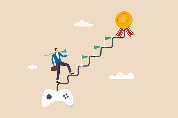 Gamification, business or marketing strategy using game challenge, achievement to engage with customer, winning motivation, joyful businessman walk up stair from gaming joystick to achieve target.