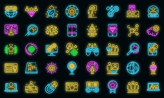 Gamification icons set. Outline set of gamification vector icons neon color on black