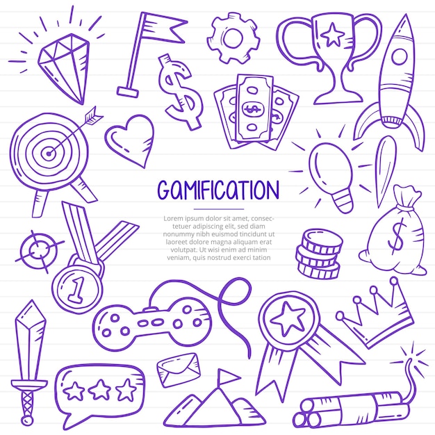 Gamification leven doodle hand getekend met kaderstijl op papier boeken lijn vectorillustratie