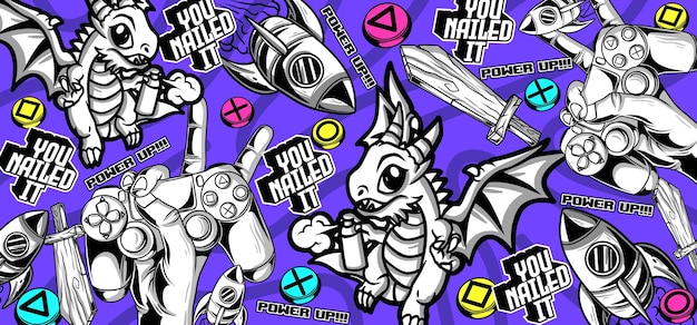 Gaming achtergrond vector en illustraties Retro videogame elementen in graffiti stijl