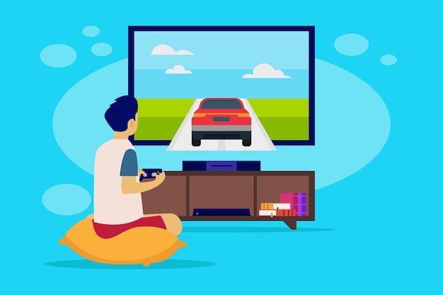 ゲーム中毒 車レースビデオゲームをプレイする少年 2Dベクトル