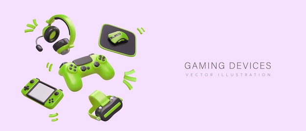 Vector gaming-apparaten realistische groene gamepad-controller hoofdtelefoon muis virtual reality-bril