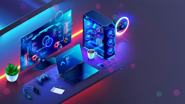Gaming computer op het bureau in video gamer kamer met neon lichten Gaming PC monitor met abstracte interface van computer spel Workstation van gaming streamer op tafel Workstation met neon cooler Esport