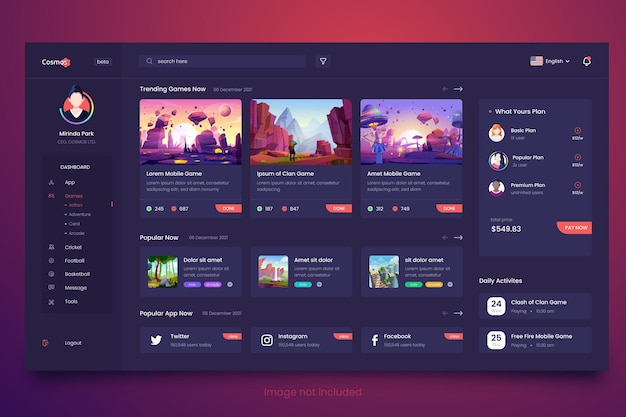 Vector gaming dark dashboard design template