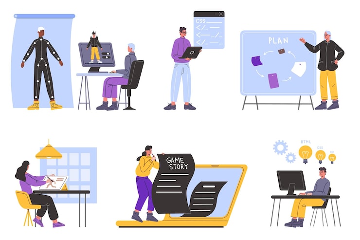 Vector 游戏开发 专家团队创建电脑游戏 软件编程 接口设计 剧本编写和测试 数字游戏角色 开发人员工作向量集