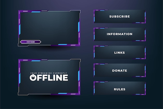 Gaming frame overlay design with creative shapes Modern live streaming screen interface decoration with purple and blue colors Futuristic gaming border design on a dark background