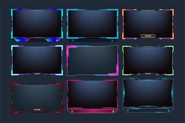 Gaming frame and streaming template set with blue red and yellow colors Live streaming overlay bundle for online gamers Streaming overlay and screen interface collection on a dark background