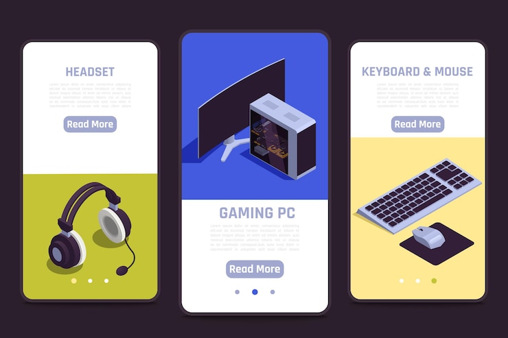 Vector gaming gadgets online 3 isometric smartphone screens set with headset keyboard mouse pc software info vector illustration