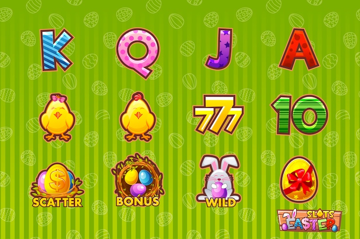 Vector  gaming icon of easter symbols for slot machines and a lottery or casino. cartoon set 12 paschal icons. game casino, slot, ui