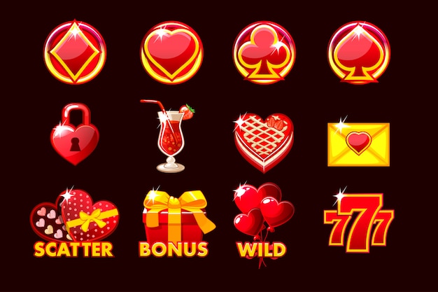 Icona di gioco dei simboli di san valentino per le slot machine e una lotteria o un casinò.