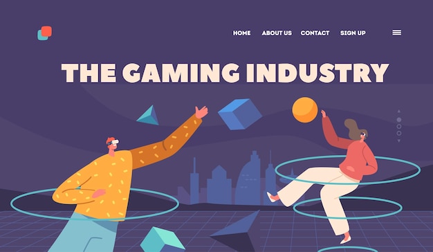 Gaming Industry Landing Page Template People Wear Vr Glasses And Headset Connected To Virtual Metaverse Reality