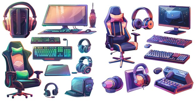 Vector gaming keyboard chair and headphones gamer items cartoon vector set of headphones for streamer