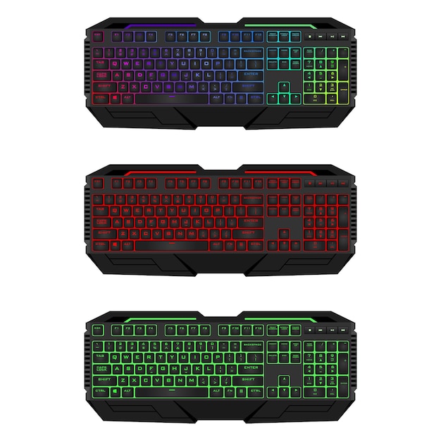 Vector gaming keyboard with led backlit. realistic computer keyboards set.