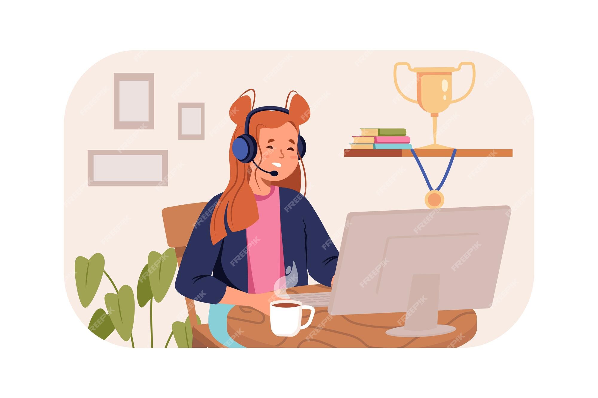 A woman playing computer games. Young woman using computer for playing games.  Cheerful woman in headphones playing online games. Vector flat design  illustration. Square layout. Royalty-Free Stock Image - Storyblocks