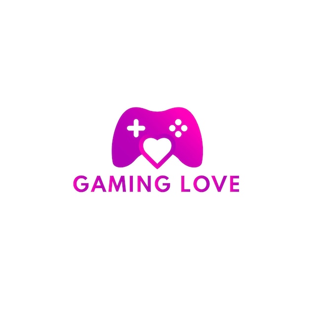 Vector gaming logo met stick console en liefde hart symbolen