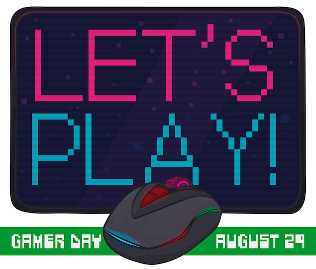 Gaming mouse and screen with pixelated message inviting at you to play video games during Gamer Day