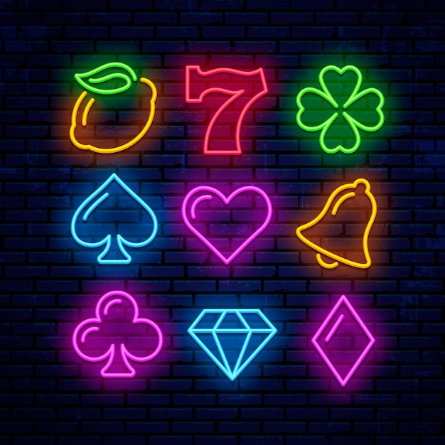 Icone al neon di gioco per il casinò. segni per slot machine.