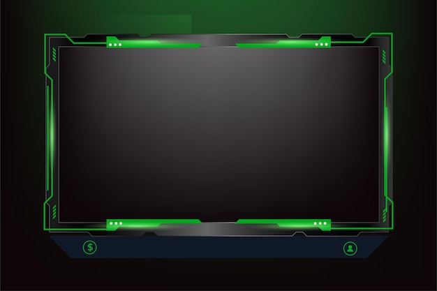 Gaming screen overlay decoration with futuristic shapes and dark color live gaming overlay design with buttons and screen panels live streaming overlay vector with green color for online gamers