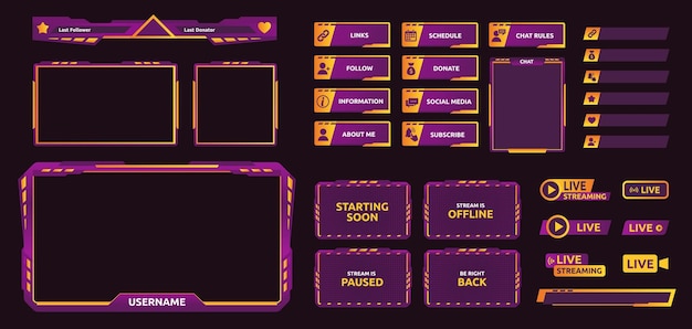 Gaming stream overlay Futuristic UI graphic frames for game screen neon color camera border and live chat template Follow and donate buttons vector set