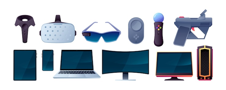 Vector gaming technology devices cartoon game gadgets pc laptop display tablet and phone vr helmet and ar glasses accessories vector isolated set