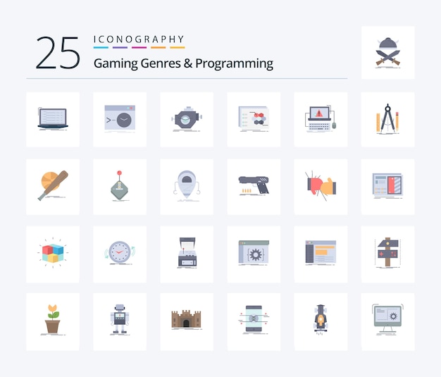 Gaminggenres en programmering 25 Flat Color-pictogrampakket inclusief prestatiemachine voor strategiespelsoftware