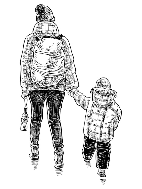 Gand drawing of a mother with her kid going on a stroll