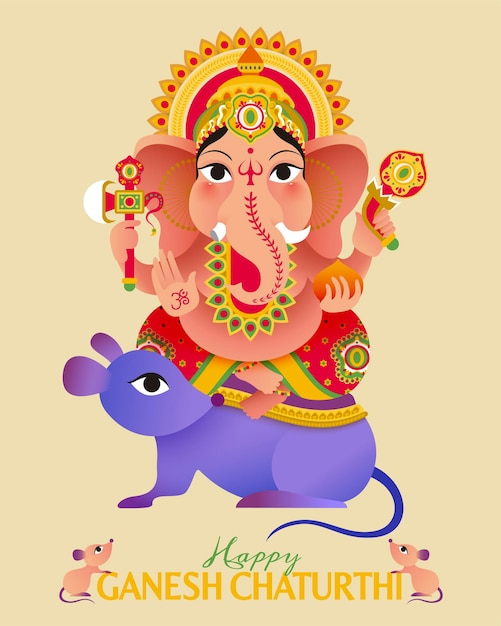 Vector ganesh chaturthi festival lovely hindu god ganesha sitting on giant mice