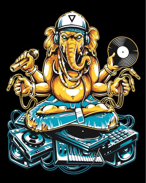 Ganesha dj zittend op elektronische muziekspullen