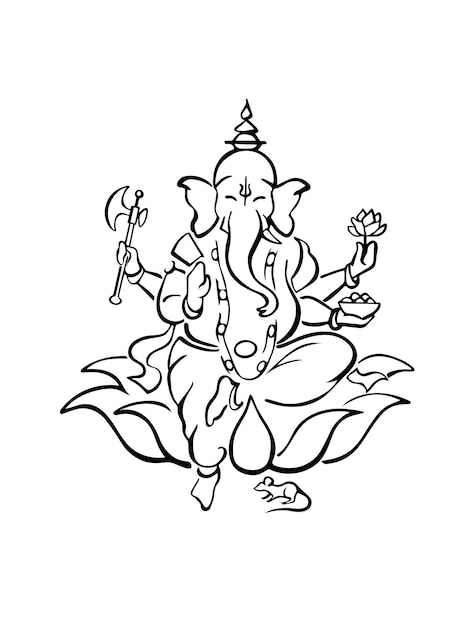 Vector ganesha hindu god of beginnings and wisdom sitting on lotus flower with a mouse at his feet