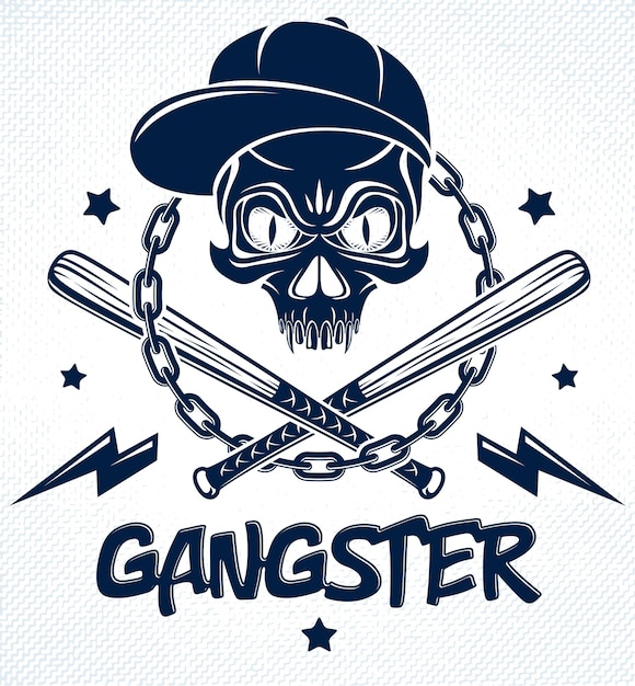 Gang brutale emblema o logo criminale con mazze da baseball teschio aggressivo e altre armi ed elementi di design, vettore anarchia crimine terrore stile retrò, ghetto rivoluzionario.