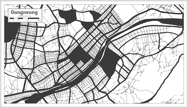 Mappa della città di gangneung corea del sud in bianco e nero in stile retrò