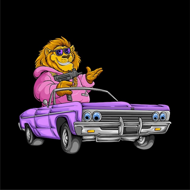 Vector gangsta lion cartoon met pistool en auto