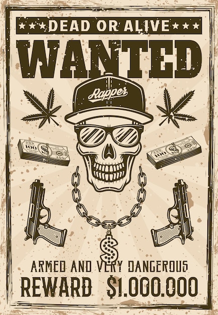 Gangsta rapper skull in snapback cap and sunglasses with money bling chain wanted poster in vintage style vector illustration. Layered, separate grunge texture and text