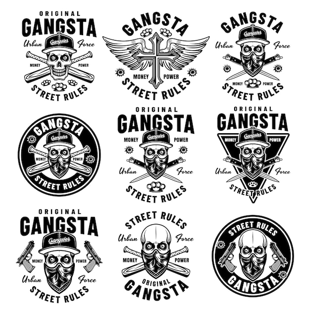 Gangsta set di emblemi criminali vettoriali etichette distintivi o stampe in stile monocromatico illustrazione su sfondo bianco