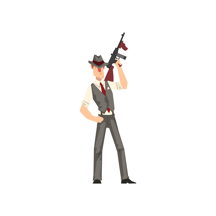 Vector gangster criminal character in fedora hat with weapon vector illustration isolated on a white background