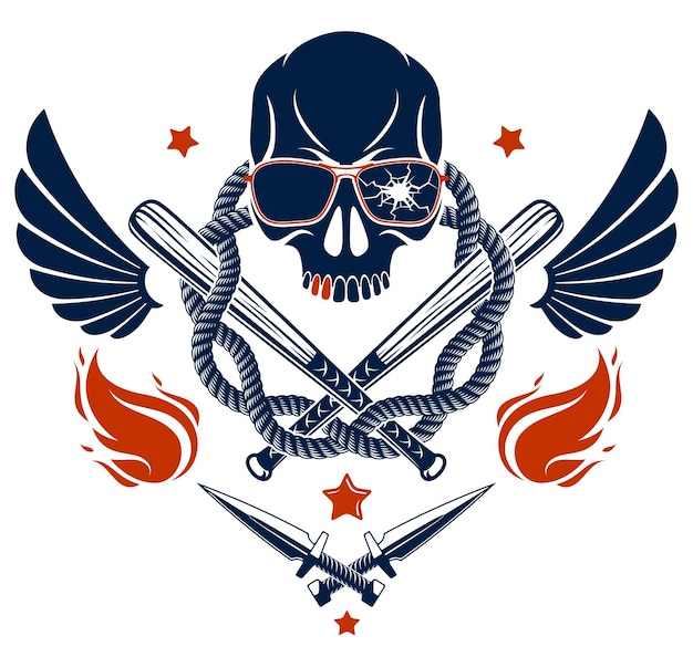 Gangster embleem logo of tatoeage met agressieve schedel honkbalknuppels en andere wapens en ontwerpelementen, vector, criminele getto vintage stijl, gangster anarchie of maffia thema.