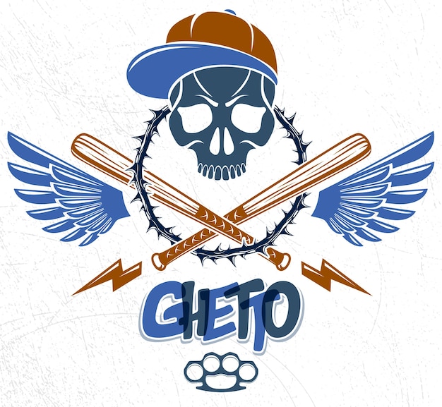 Эмблема гангстера, логотип или татуировка с агрессивными черепами, бейсбольными битами и другим оружием и элементами дизайна, вектор, винтажный стиль криминального гетто, гангстерская анархия или тема мафии.