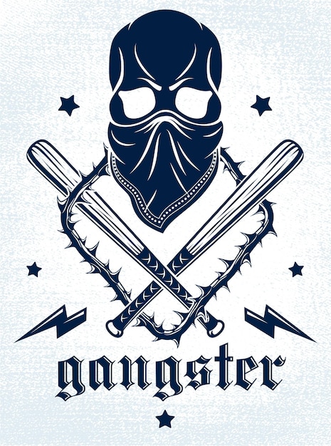 Premium Vector | Gangster emblem logo or tattoo with aggressive skull baseball bats and other weapons and design elements, vector, criminal ghetto vintage style, gangster anarchy or mafia theme. Premium Vector | Gangster emblem logo or tattoo with aggressive skull baseball bats and other weapons and design elements, vector, criminal ghetto vintage style, gangster anarchy or mafia theme.
