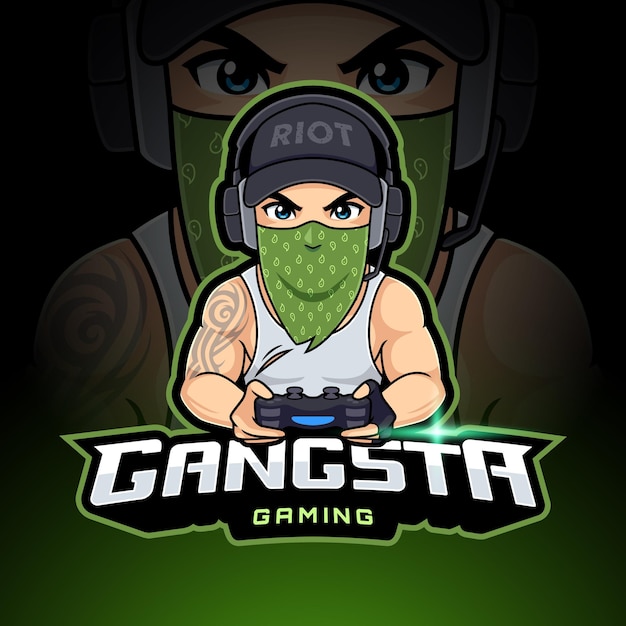 Ragazzo giocatore gangster con maschera esport mascotte logo vettoriale