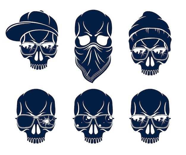 Vector gangster skull vector logos set, icons or tattoos, urban stylish aggressive criminal scull.